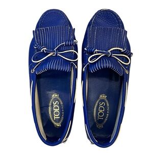 TOD'S Bubble Gommino Loafer Moccasin Italian Leather Fringe Blue Women's Size 39